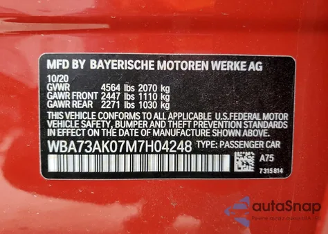 2021 BMW 228Xi from USA, damaged, VIN WBA73AK07M7H04248